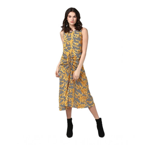 Generic Women's Polyester Chain Print Sleeveless Below Knee Dress (Yellow - Black)