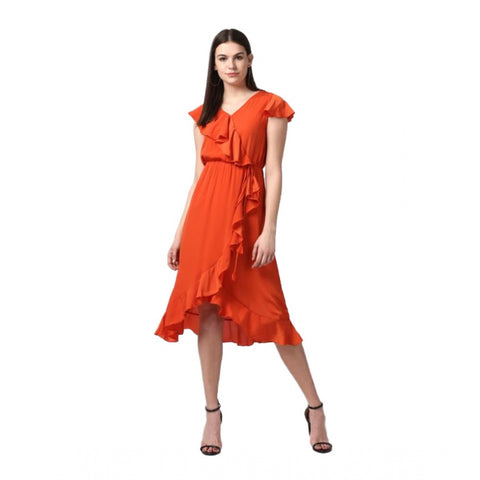 Generic Women's Polyester Ruffled Cap Sleeve Knee-Length Dress (Orange)