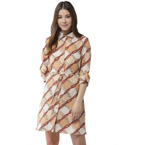 Generic Women's Polyester Printed Roll Up Sleeve Above Knee Dress (Off White - Brown)