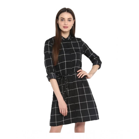 Generic Women's Polyester Checkered Roll Up Sleeve Above Knee Dress (Black - White)