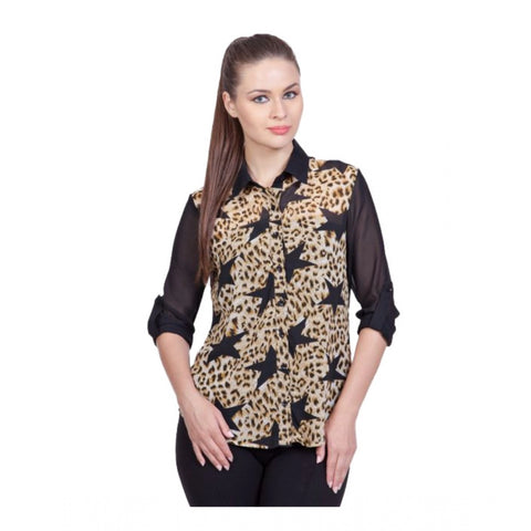 Generic Women's Polyester Printed Roll Up Sleeve Standard Length Shirt (Black)