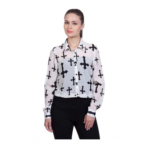 Generic Women's Polyester Printed Long Sleeves Standard Length Shirt (White)