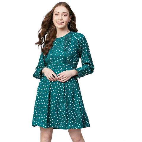 Generic Women's Polyester Polka Long Sleeves Above Knee Dress (Green - White)