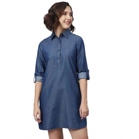 Generic Women's Denim Solid Long Sleeves Above Knee Dress (Navy Blue)