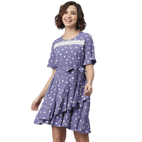 Generic Women's Polyester Polka Bell Sleeve Above Knee Dress (Lavender)