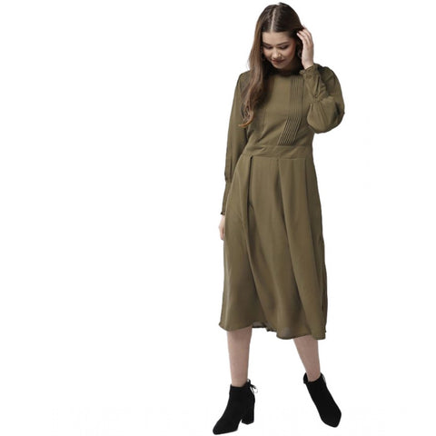 Generic Women's Polyester Pintuck Long Sleeves Below Knee Dress (Olive)