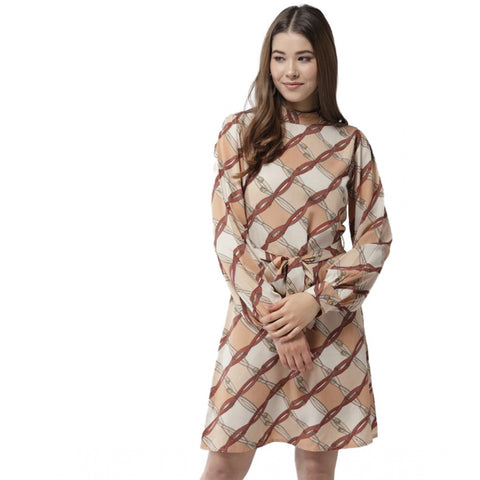 Generic Women's Polyester Checkered Long Sleeves Above Knee Dress (Off White - Brown)