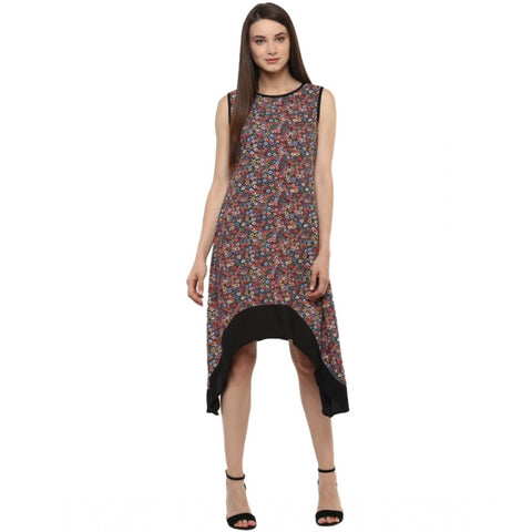 Generic Women's Polyester Printed Sleeveless Knee-Length Dress (Multicolor)