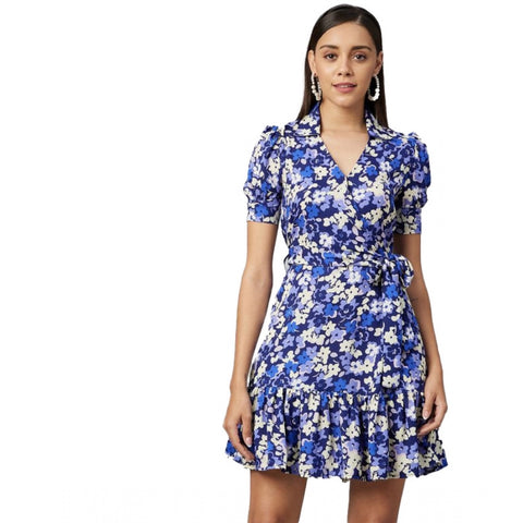 Generic Women's Polyester Floral Short Sleeve Above Knee Dress (Blue - Purple)