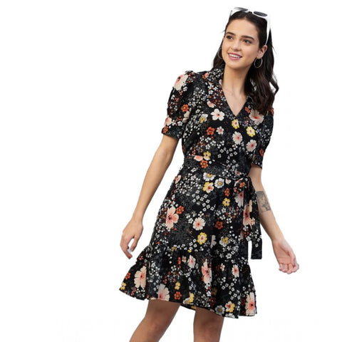 Generic Women's Polyester Floral Short Sleeve Above Knee Dress (Black)