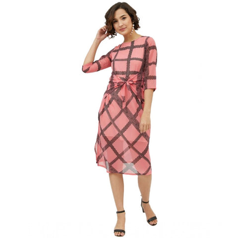 Generic Women's Polyester Checkered 3-4th Sleeves Below Knee Dress (Pink)