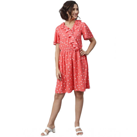 Generic Women's Polyester Polka Flutter Above Knee Dress (Coral)