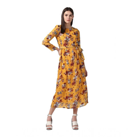 Generic Women's Polyester Floral Long Sleeves Calf-length Dress (Yellow)