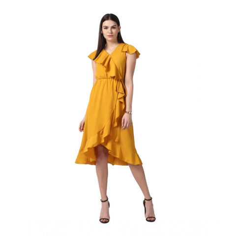 Generic Women's Polyester Ruffled Cap Sleeve Knee-Length Dress (Yellow)