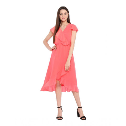 Generic Women's Polyester Ruffled Cap Sleeve Below Knee Dress (Coral Pink)