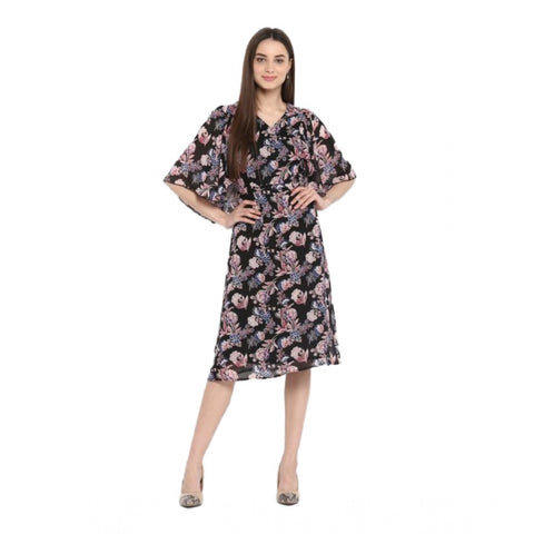 Generic Women's Polyester Floral Short Sleeve Knee-Length Dress (Black - Multicolor)