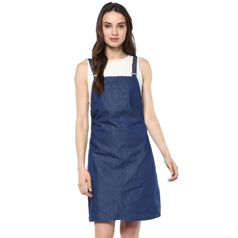 Generic Women's Denim Solid Shoulder Straps Above Knee Dress (Blue)