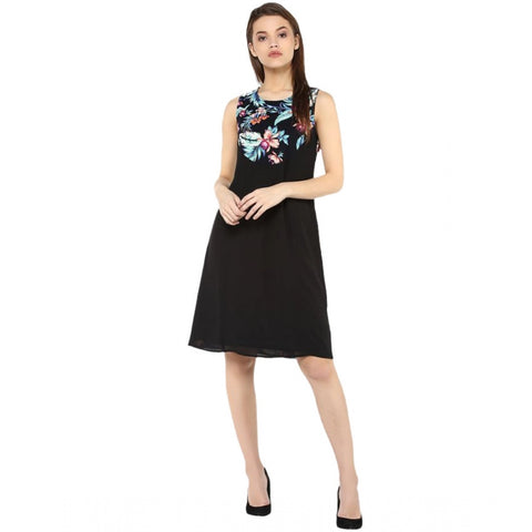 Generic Women's Polyester Printed Sleeveless Above Knee Dress (Black - Multicolor)