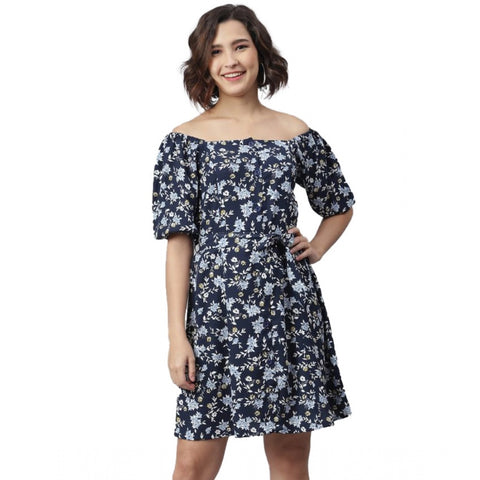 Generic Women's Polyester Off Shoulder Half Sleeve Above Knee Dress (Blue)