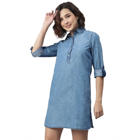 Generic Women's Denim Solid Long Sleeves Above Knee Dress (Ice Blue)