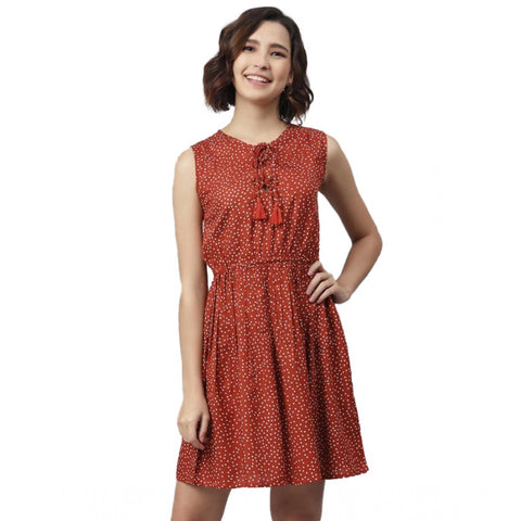 Generic Women's Rayon Polka Sleeveless Above Knee Dress (Rust)