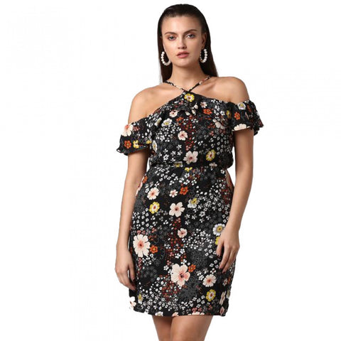 Generic Women's Polyester Floral Cold Shoulder Above Knee Dress (Black)