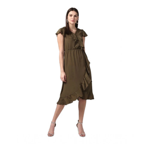 Generic Women's Polyester Ruffled Cap Sleeve Knee-Length Dress (Olive)