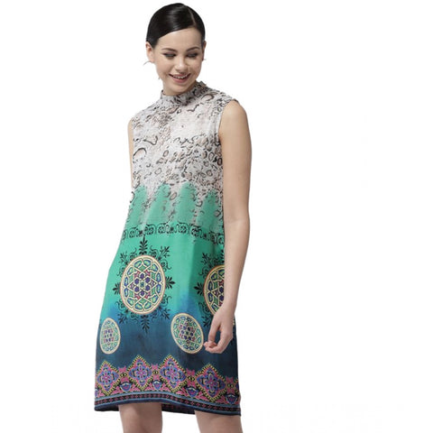 Generic Women's Polyester Printed Sleeveless Above Knee Dress (Multicolor)