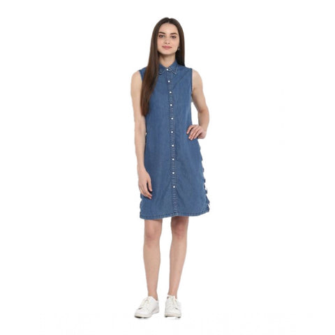 Generic Women's Denim Solid Sleeveless Above Knee Dress (Blue)