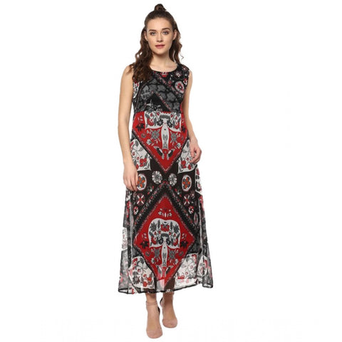 Generic Women's Polyester Printed Sleeveless Dress (Red - Black)