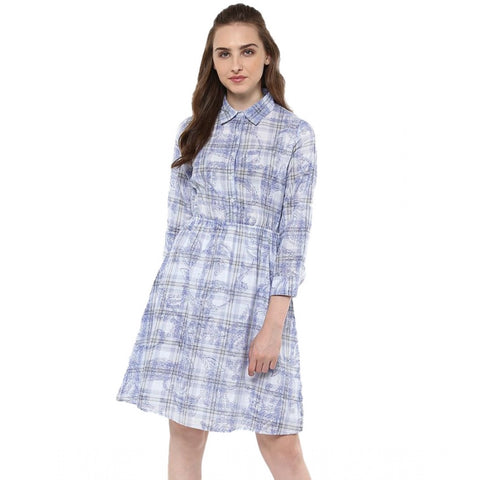 Generic Women's Cotton Checkered Roll Up Sleeve Above Knee Dress (Blue)