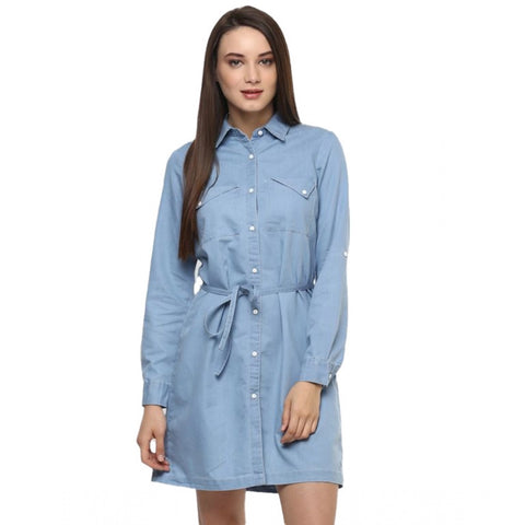 Generic Women's Denim Solid Long Sleeves Above Knee Dress (Blue)