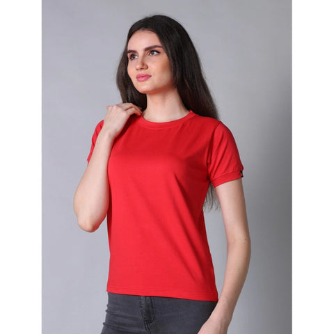 Generic Women's Cotton Blended Solid Round Neck Half Sleeve T-Shirt (Red)