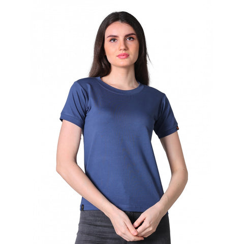 Generic Women's Cotton Blended Solid Round Neck Half Sleeve T-Shirt (Blue)